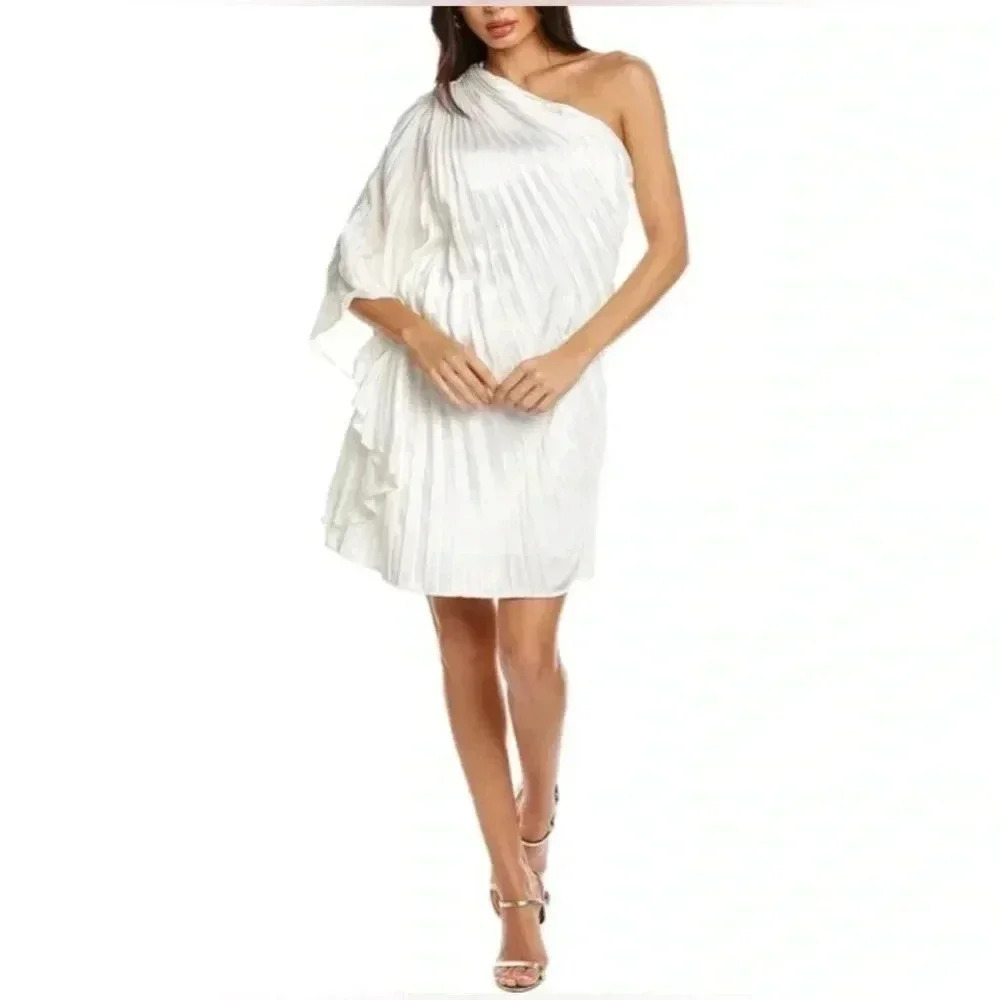 Hutch Bridal White One-Shoulder Pleated Midi Dress